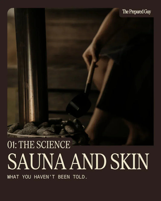 An image of a person throwing water at a sauna with texts noting a skin science series about sauna.