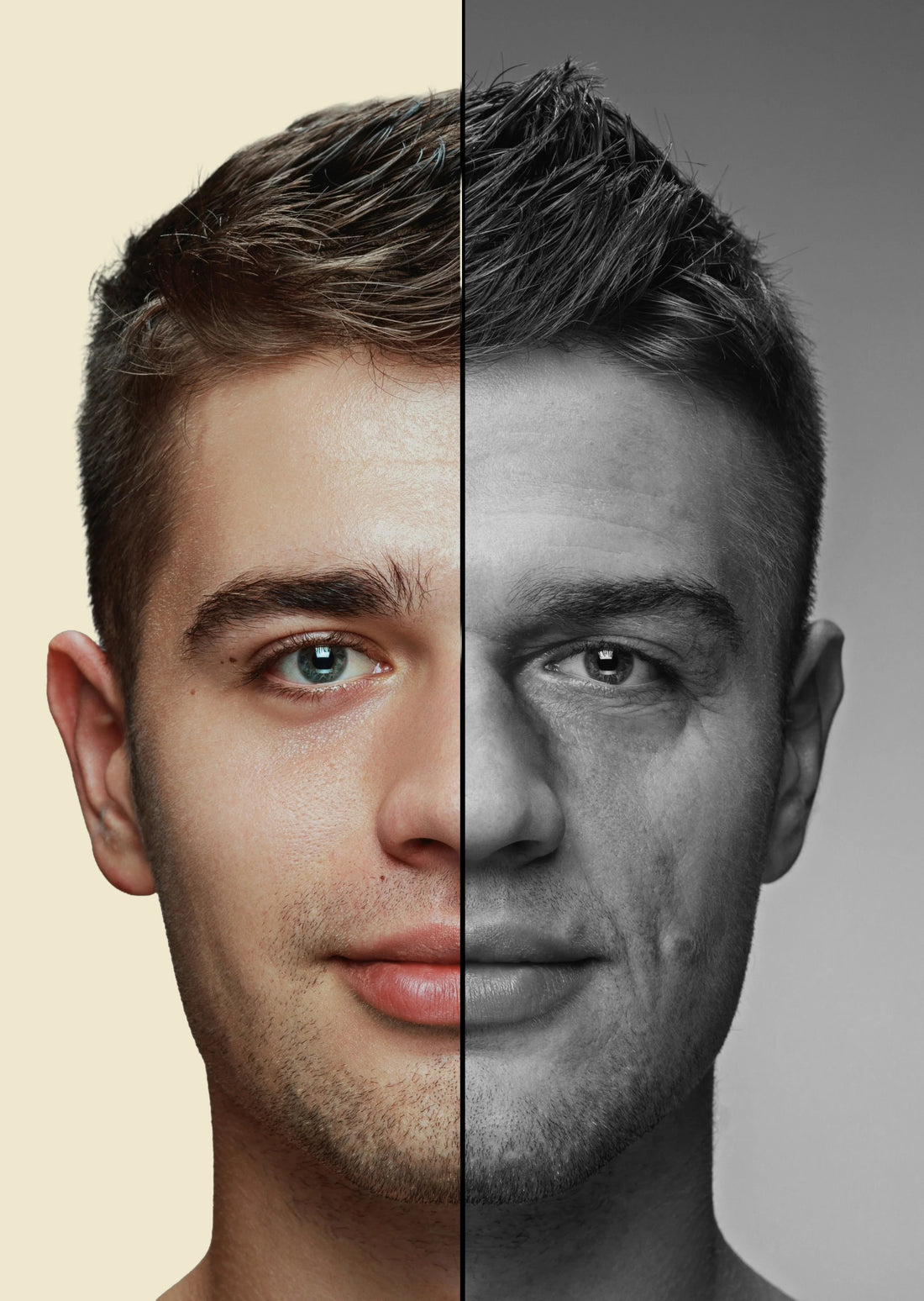 An image of half the face of both a young and old man