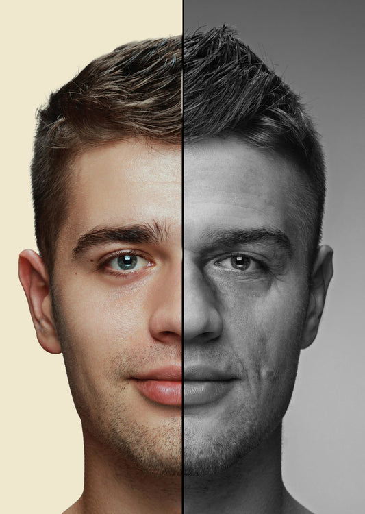 An image of half the face of both a young and old man