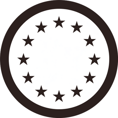 A circular emblem with a dark brown outer ring and twelve evenly spaced dark brown stars arranged in a circle on a white background.