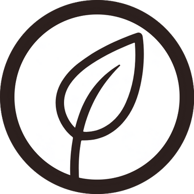 A minimalist dark brown circular icon with a single leaf outline on a white background.