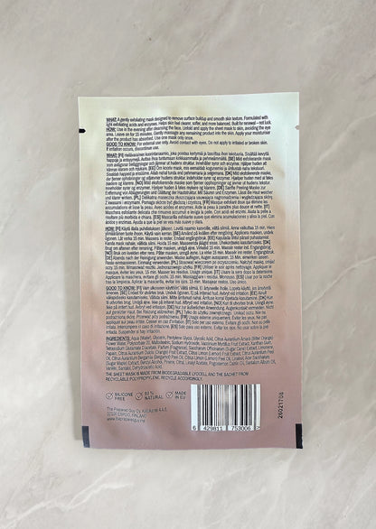 Backside of a sheet mask sachet with text and barcode