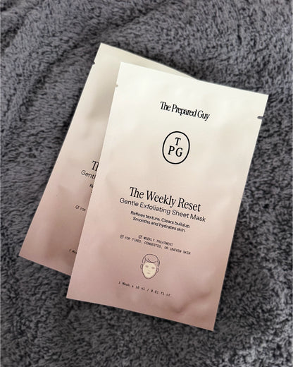Two 'The Weekly Reset' sheet masks by The Prepared Guy on a textured gray surface.