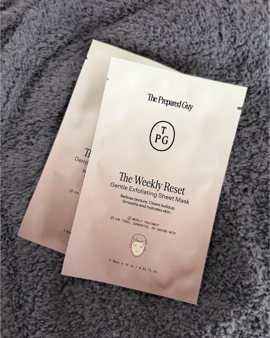 Two 'The Weekly Reset' sheet masks by The Prepared Guy on a textured gray surface.