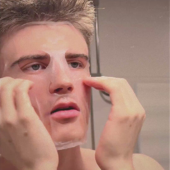 Man opening The Prepared Guy sheet mask sachet and applying the sheet mask on his face with the skin looking fresh after mask use.